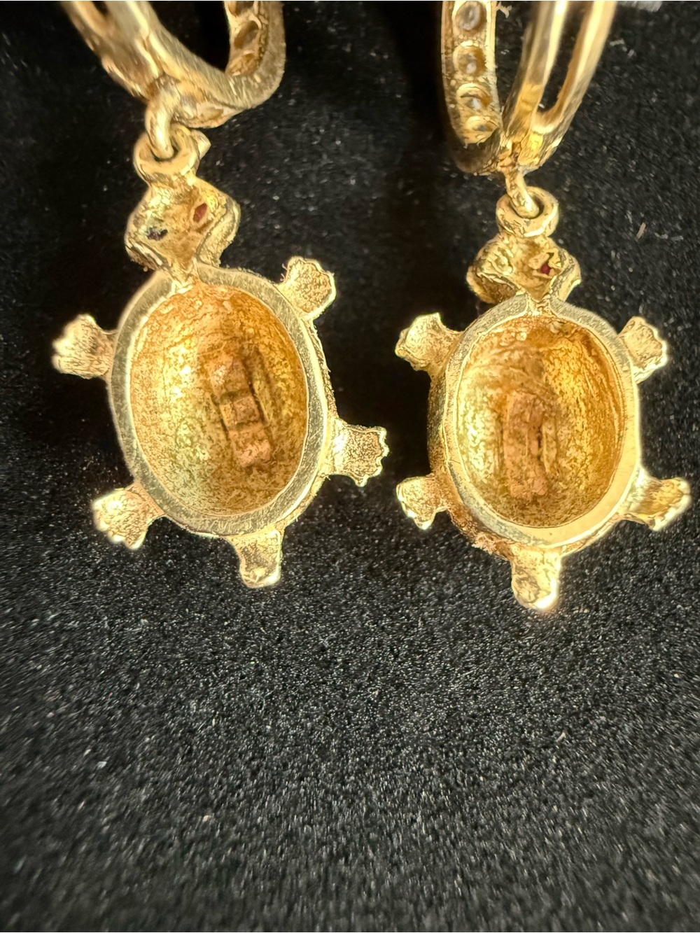 14K Tri Color Gold CZ Turtle Drop Dangle Huggies Hoop Earrings 3.7 Grams - Picture 9 of 16